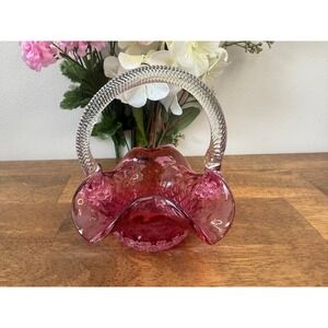 Vintage Cranberry Hobnail Art Glass Basket Ruffled Bowl Twisted Handle MCM Decor